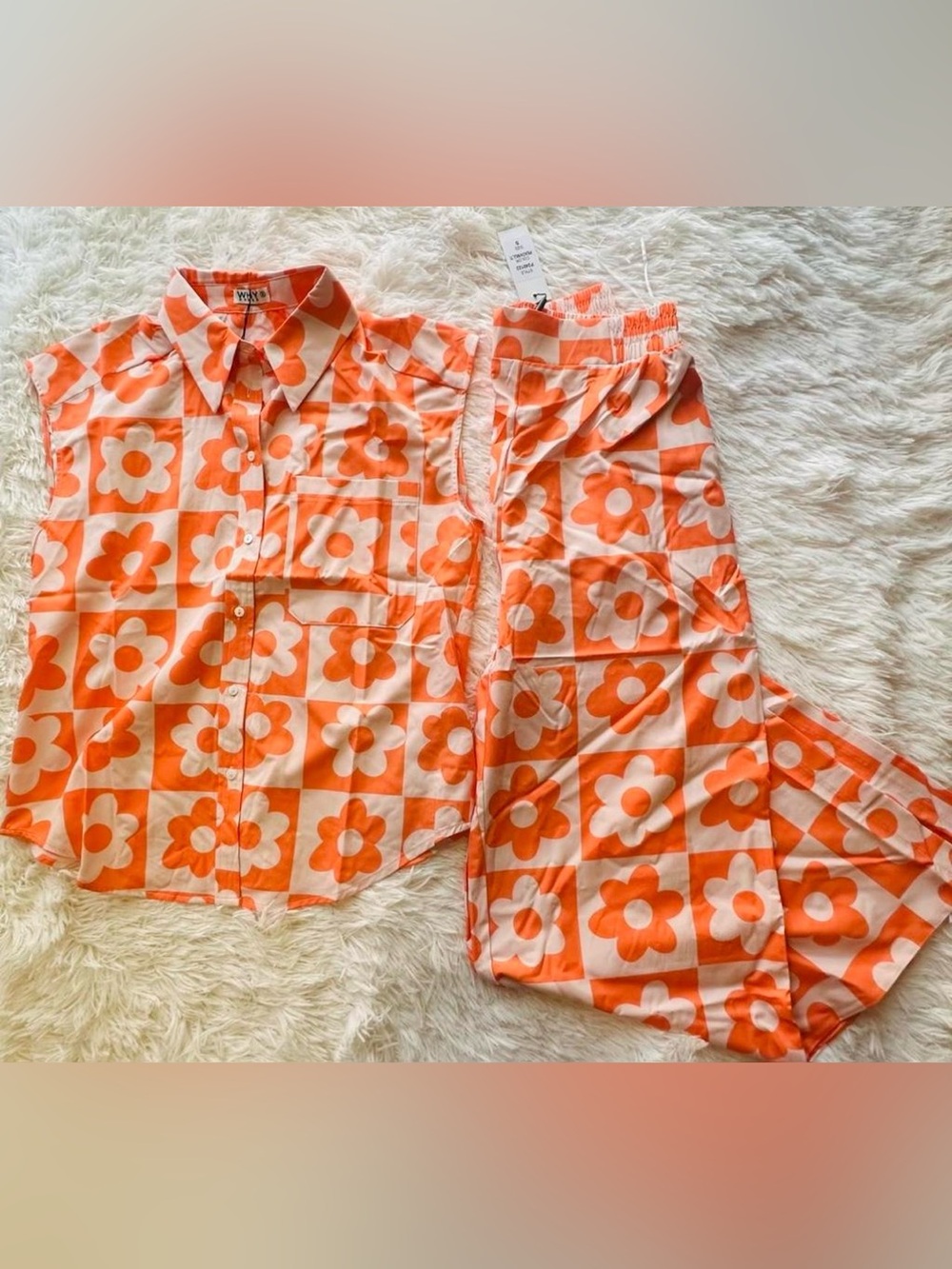 Orange & Cream Floral Button-Up Shirt and Pants Set